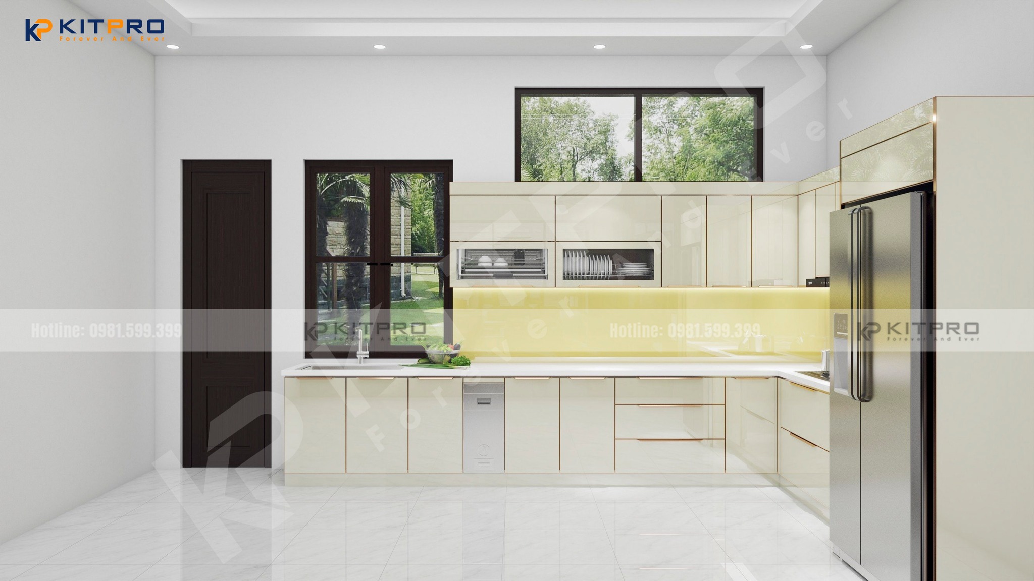 Tủ bếp màu trắng mang phong cách hiện đại đẹp tinh tế, thanh lịch