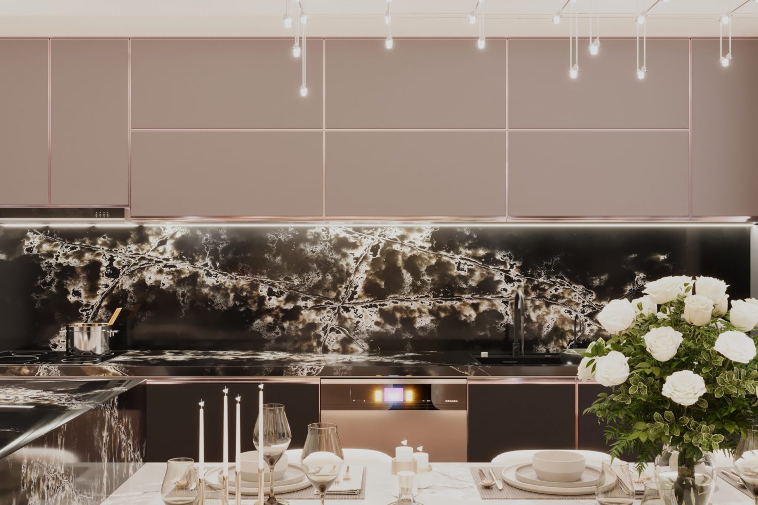 tủ bếp inox cánh kính có đảo